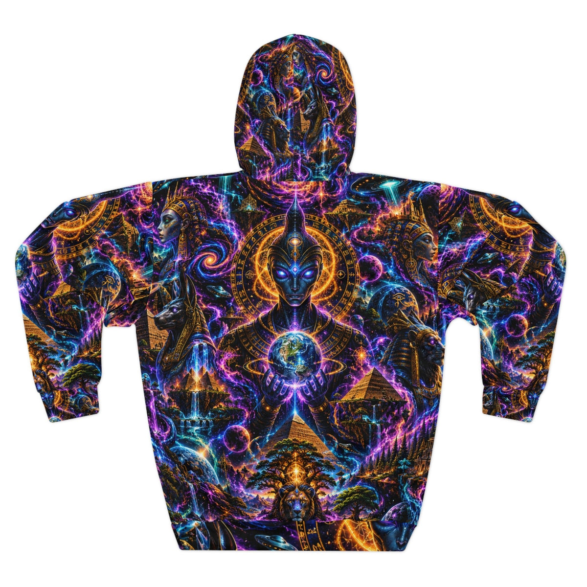 Afrofuturist Cosmic Egyptian AOP Hoodie — Psychedelic Anubis & Queens Pullover