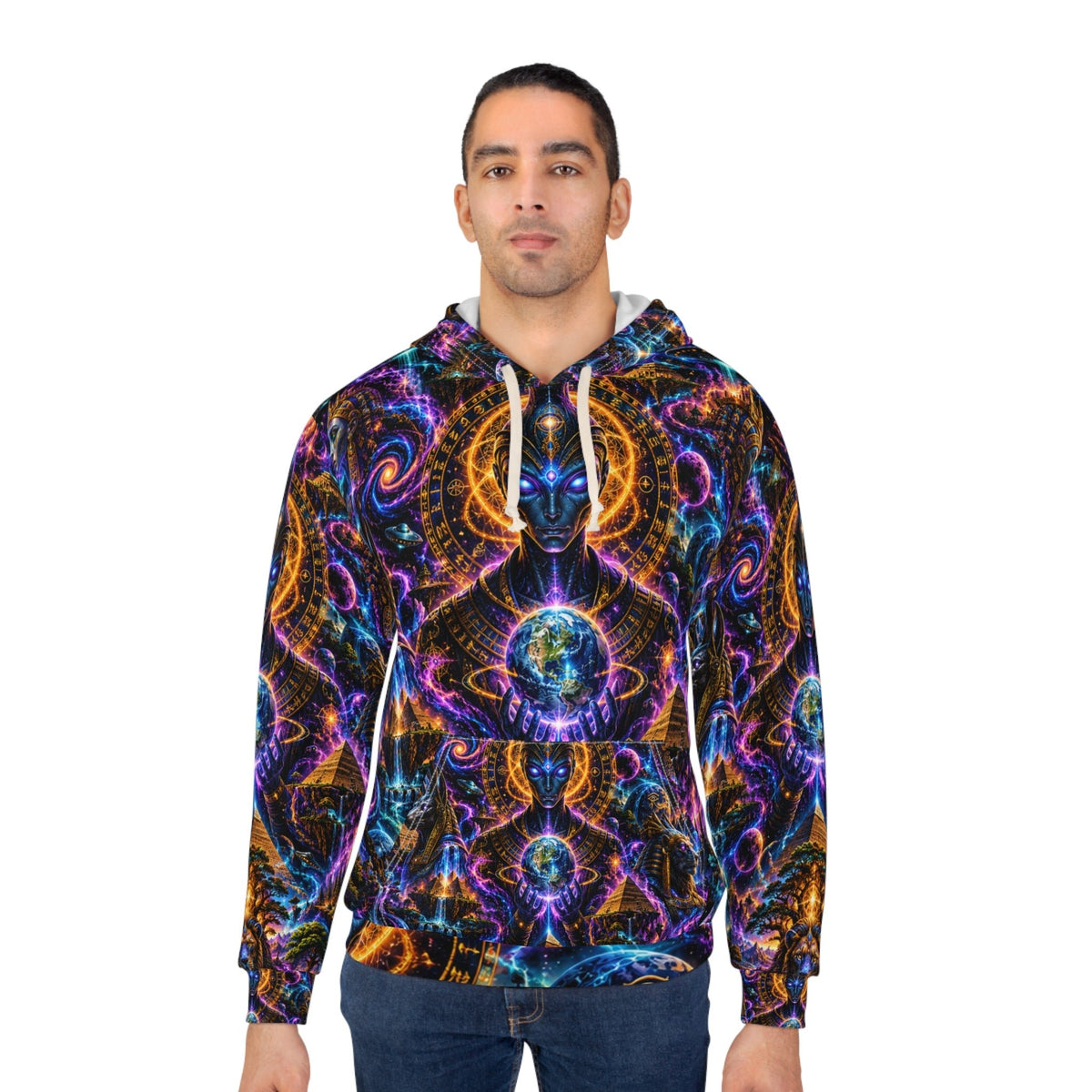 Afrofuturist Cosmic Egyptian AOP Hoodie — Psychedelic Anubis & Queens Pullover