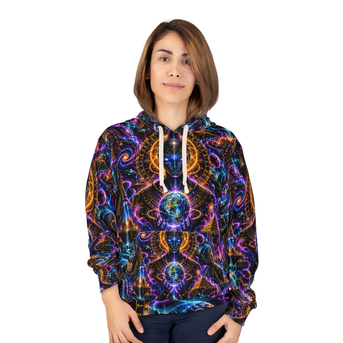 Afrofuturist Cosmic Egyptian AOP Hoodie — Psychedelic Anubis & Queens Pullover