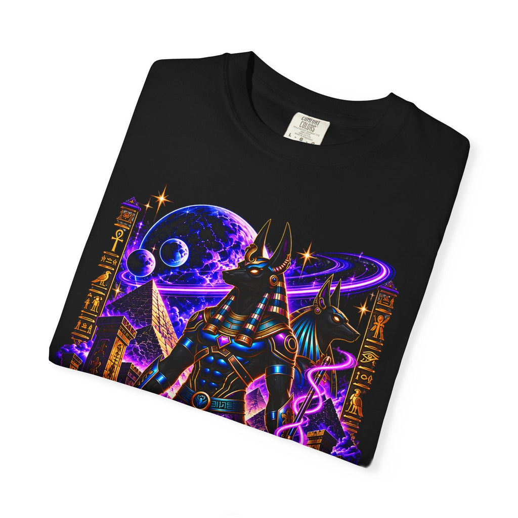 Afterlife Anubis tee showing the neon Egyptian mythology print with hieroglyph pillars and an ankh