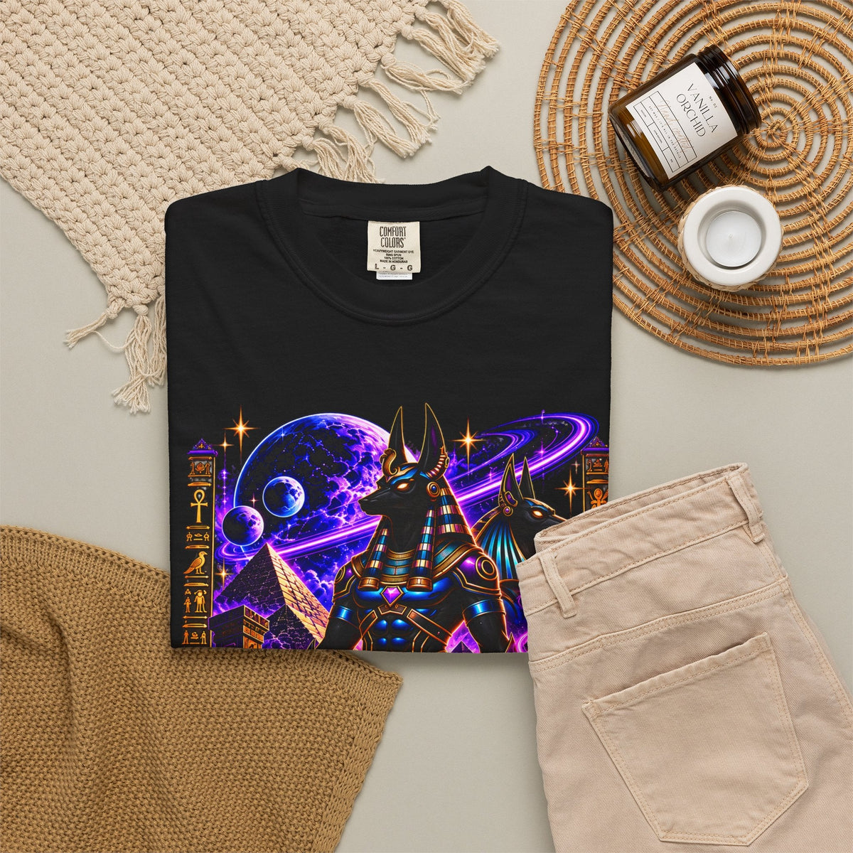 Neon synthwave Anubis t-shirt from the JR Vortex Ancient Frequency style, relaxed fit