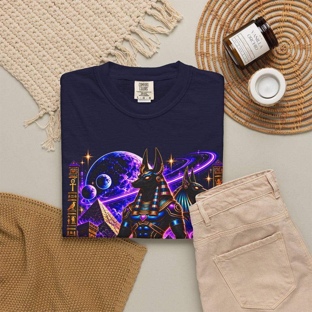 Afterlife Anubis tee detail, garment-dyed cotton with vivid neon Anubis print