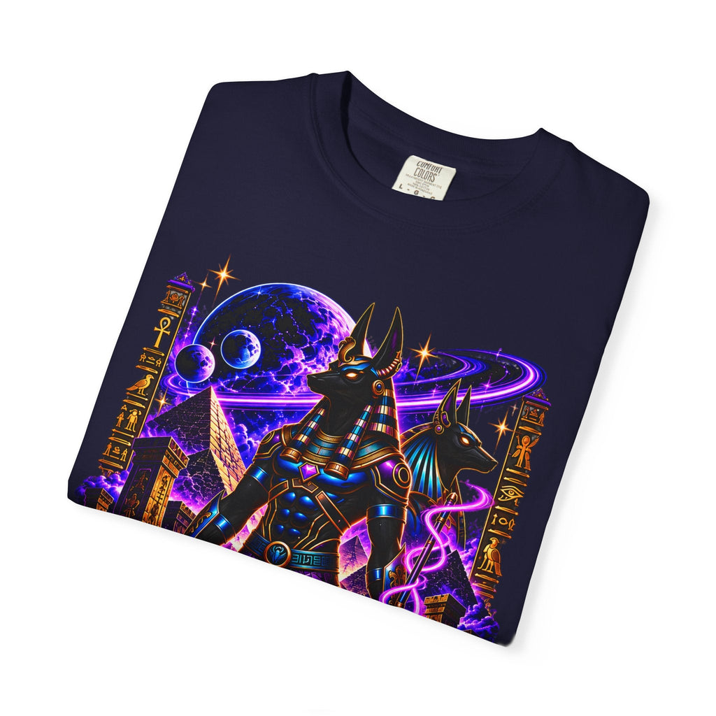 JR Vortex Afterlife Anubis graphic t-shirt, Egyptian god of the afterlife in neon purple and gold