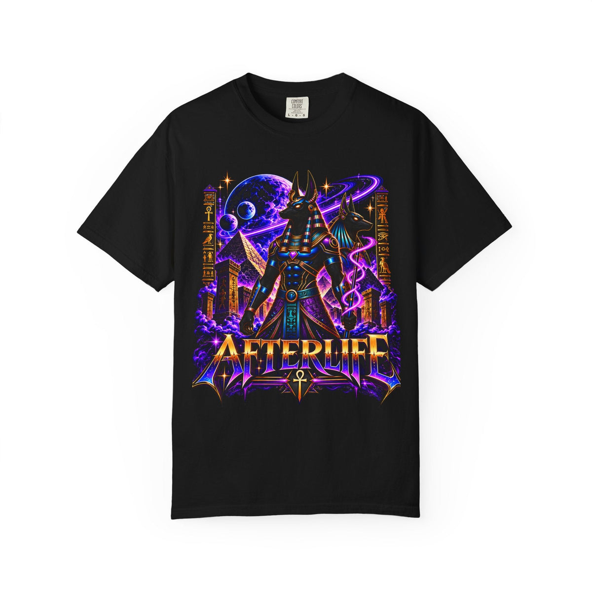 Black Afterlife Anubis t-shirt with neon purple and gold Anubis, pyramids, planets and AFTERLIFE lettering on the front