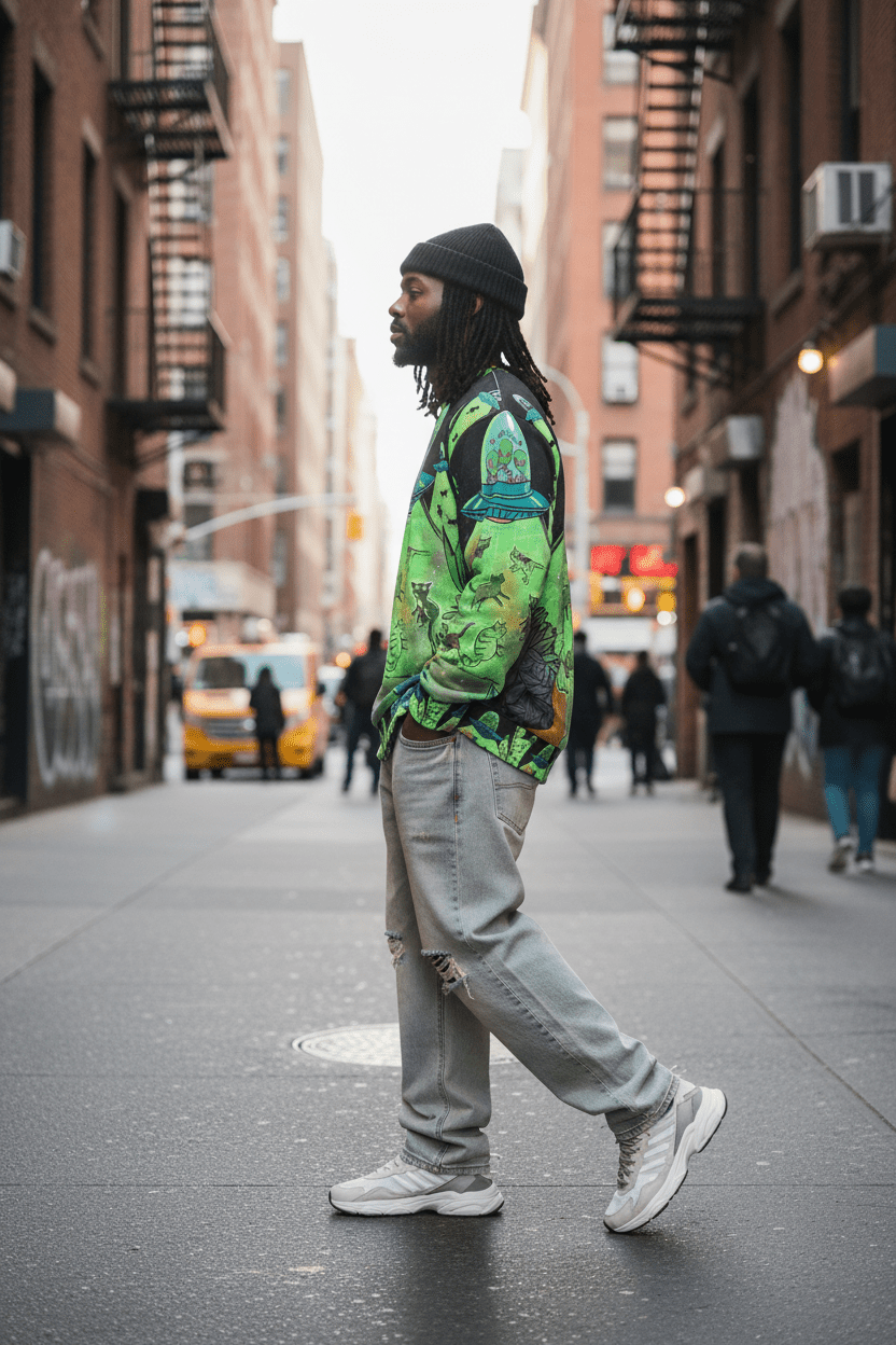 Street-style alternate angle with Black model