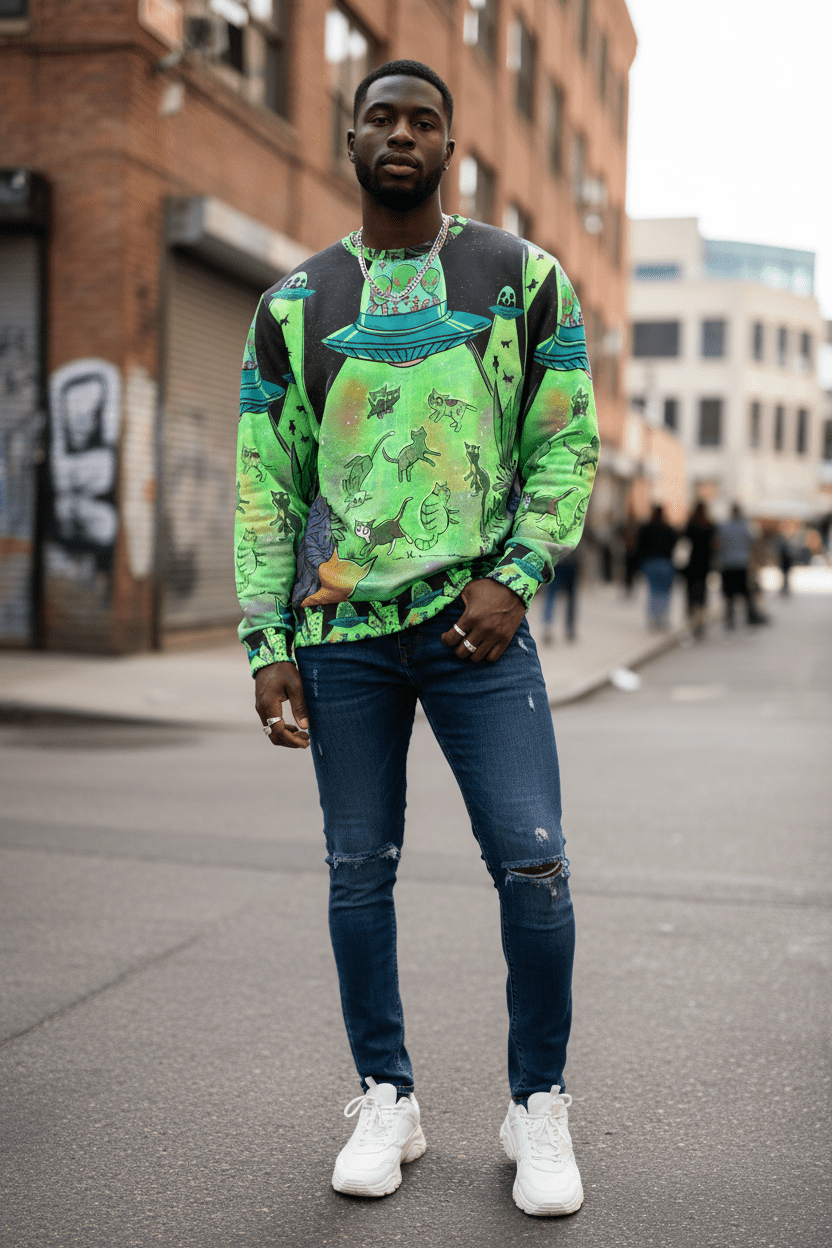 Street-style front view with Black model