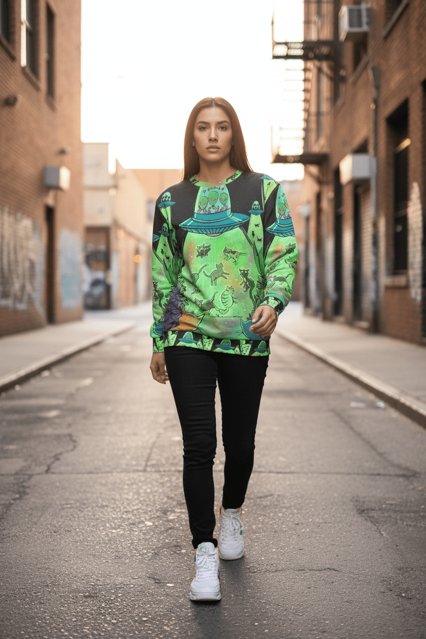 Lifestyle image of alien UFO sweatshirt