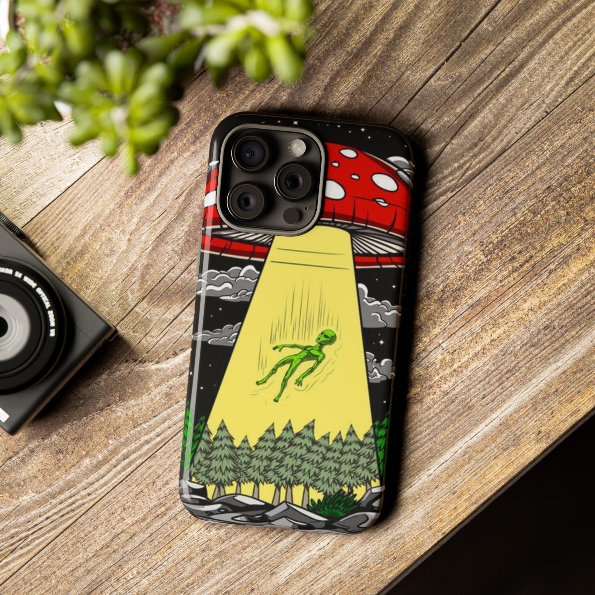 Alien Abduction Phone Case — Retro UFO Mushroom Beam Design Printify