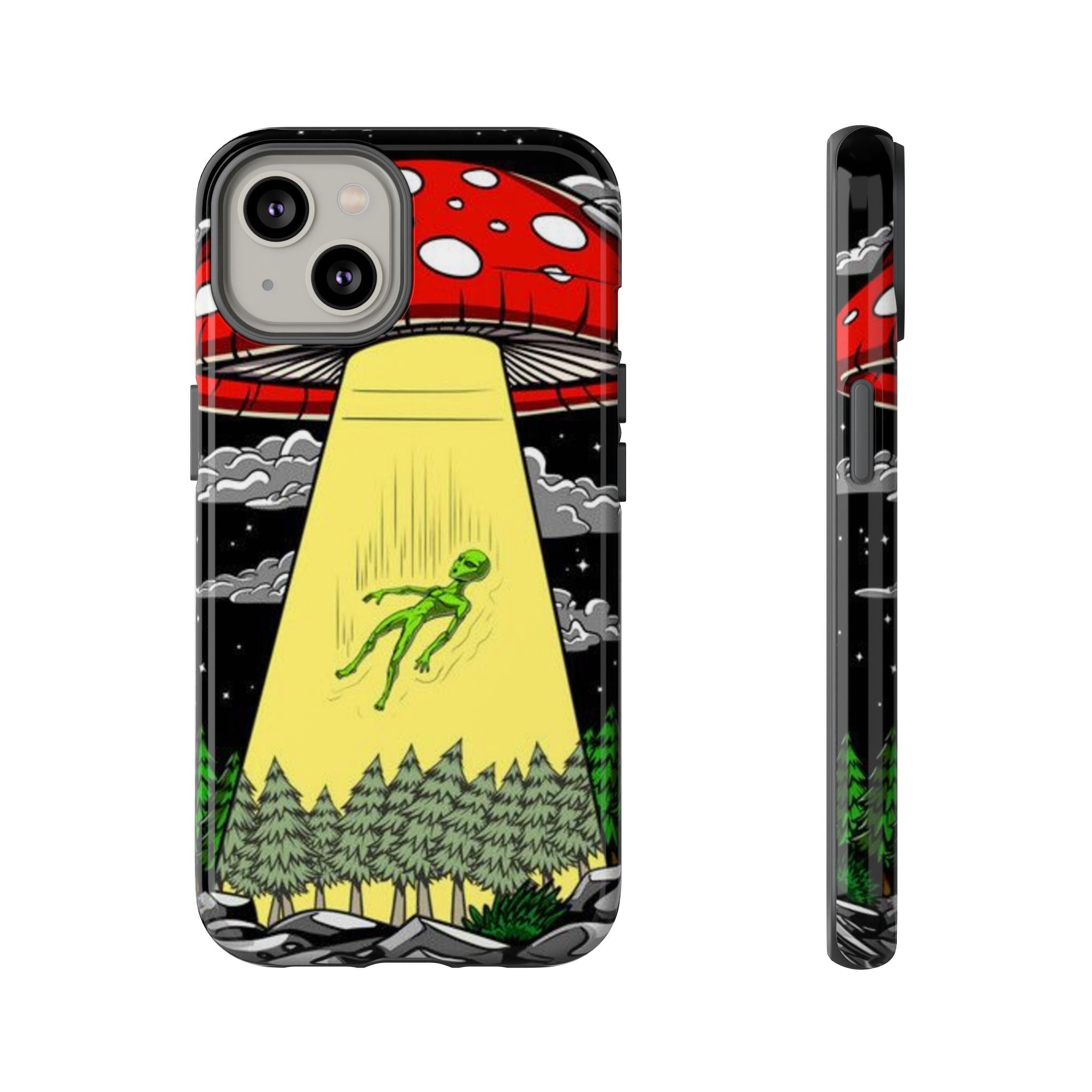 Alien Abduction Phone Case — Retro UFO Mushroom Beam Design Printify