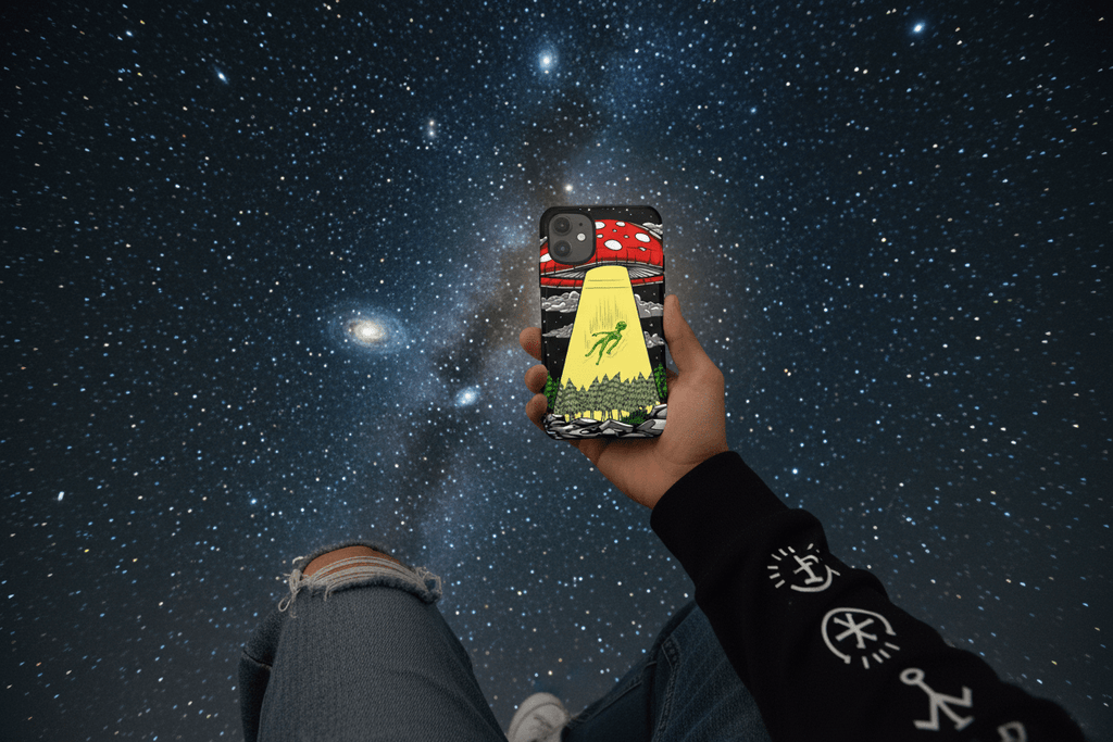 Hand holding phone under stars