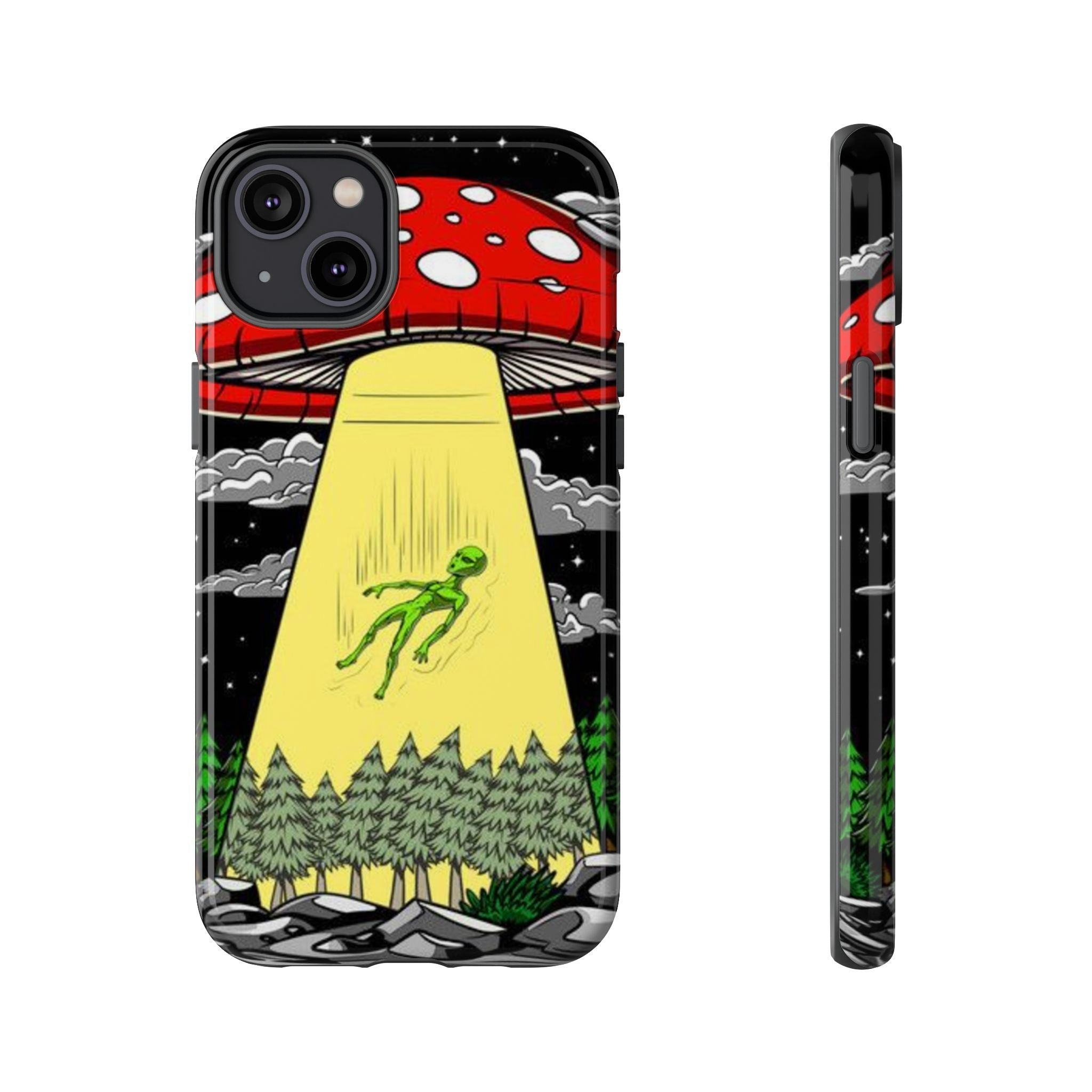 Alien Abduction Phone Case — Retro UFO Mushroom Beam Design Printify