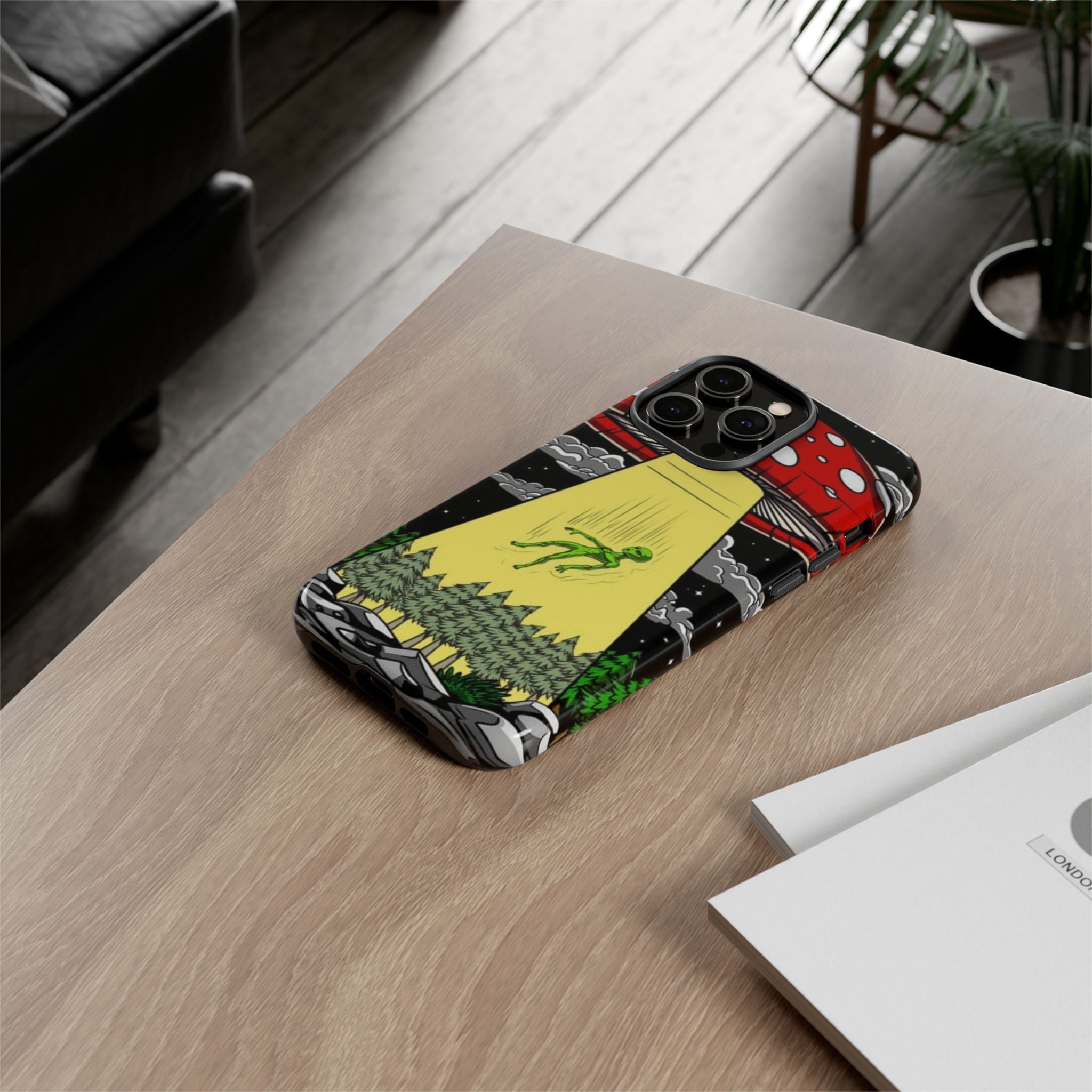 Alien Abduction Phone Case — Retro UFO Mushroom Beam Design Printify