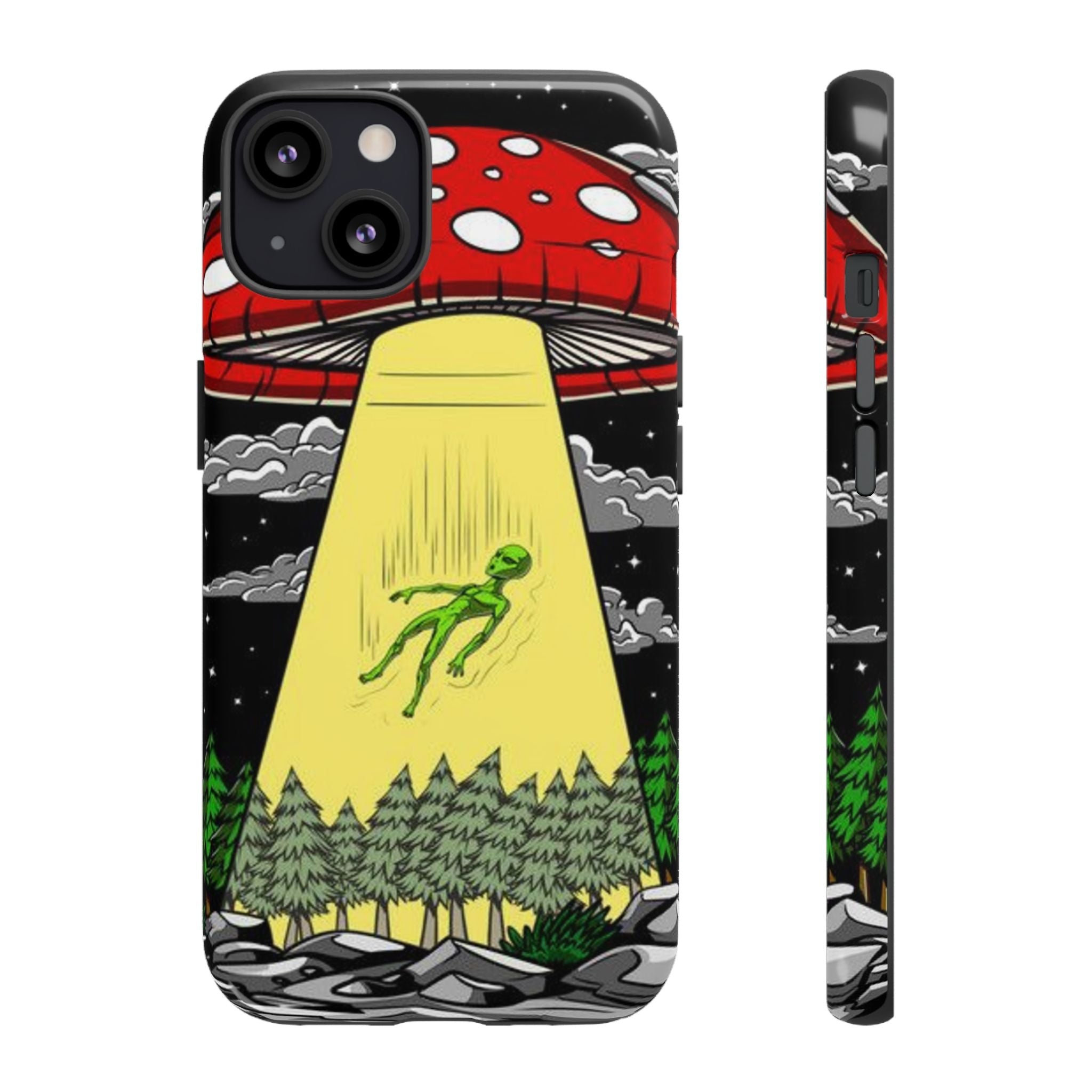 Alien Abduction Phone Case — Retro UFO Mushroom Beam Design Printify