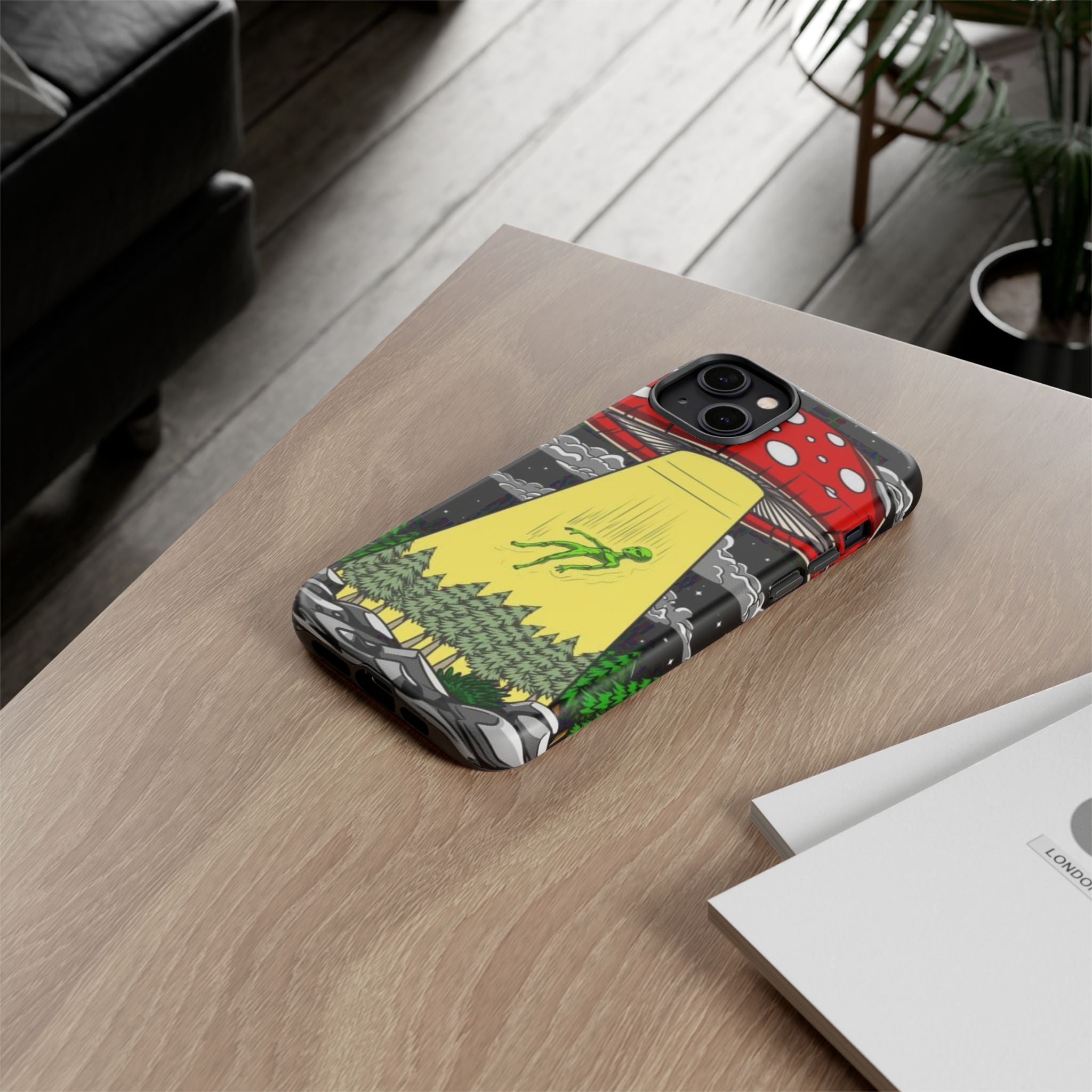 Alien Abduction Phone Case — Retro UFO Mushroom Beam Design Printify