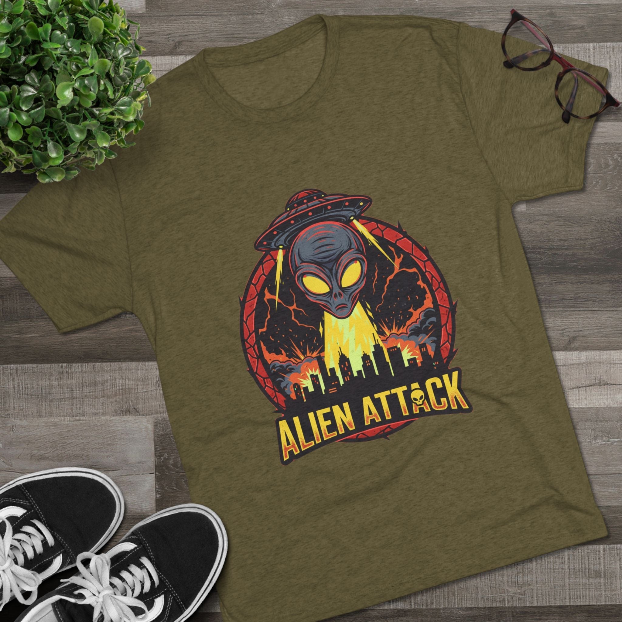 Alien Attack Tri-Blend Crew Tee - Unisex Graphic T-Shirt for Sci-Fi Fans Printify