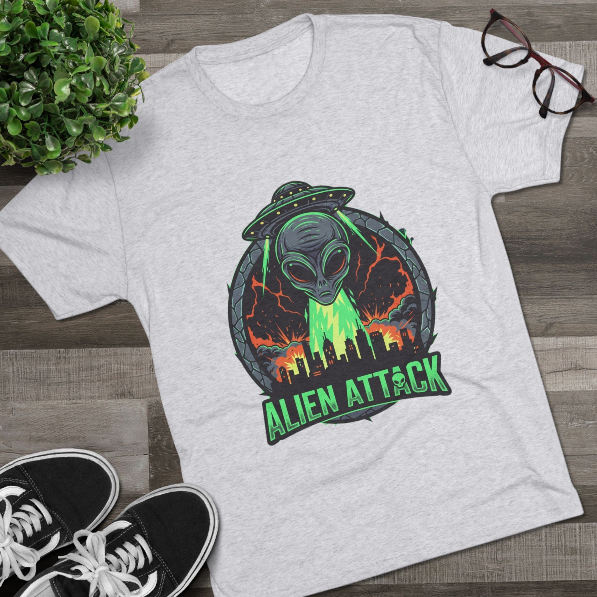 Alien Attack Unisex Tri-Blend Tee - Fun Graphic Tee for Sci-Fi Lovers Printify
