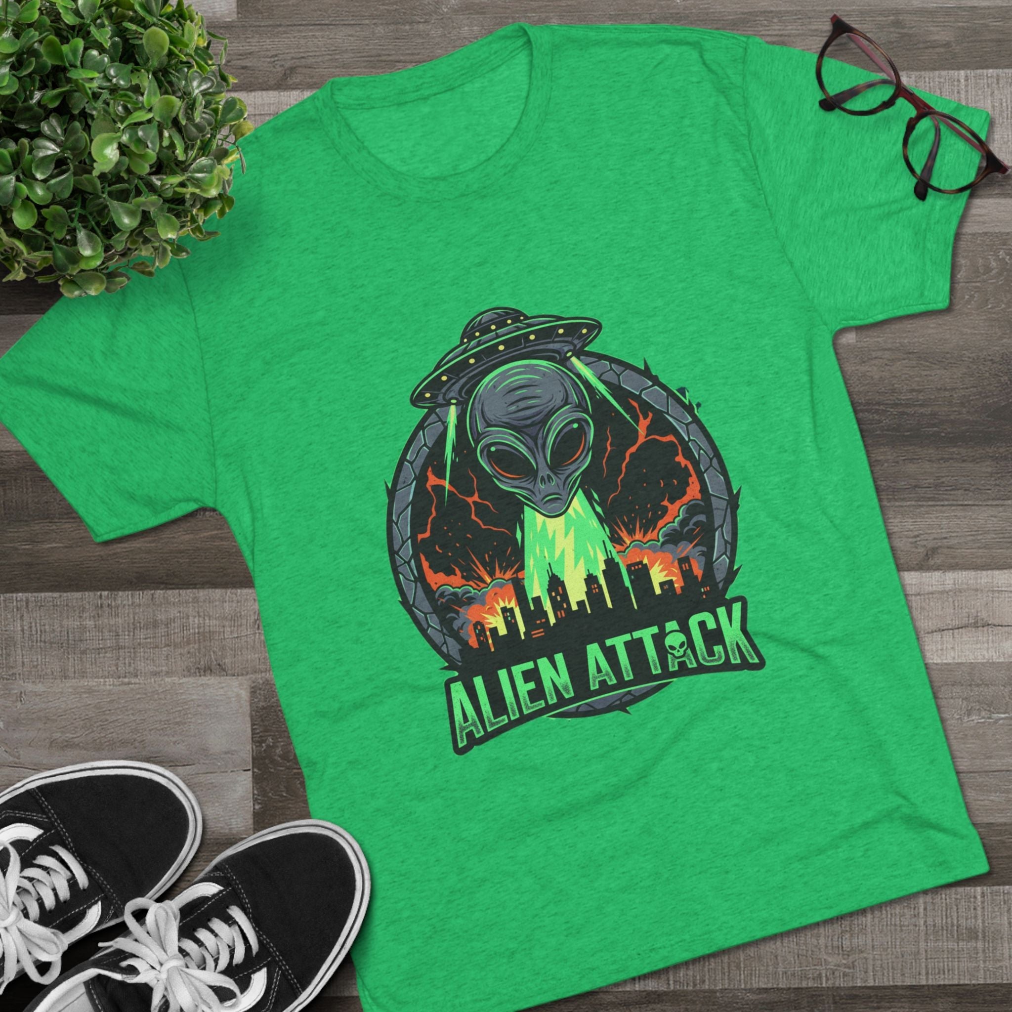 Alien Attack Unisex Tri-Blend Tee - Fun Graphic Tee for Sci-Fi Lovers Printify
