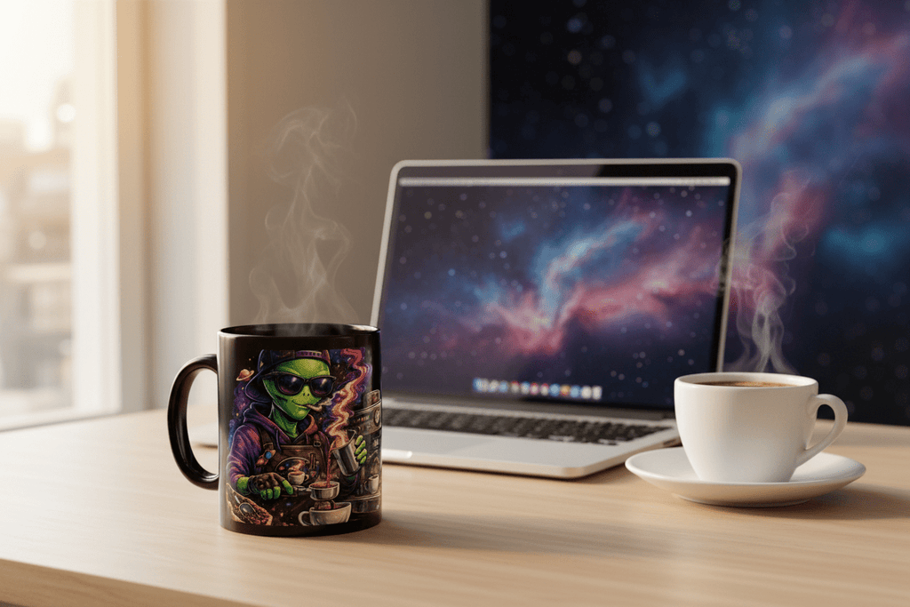 Alien Barista Mug — Desk Lifestyle