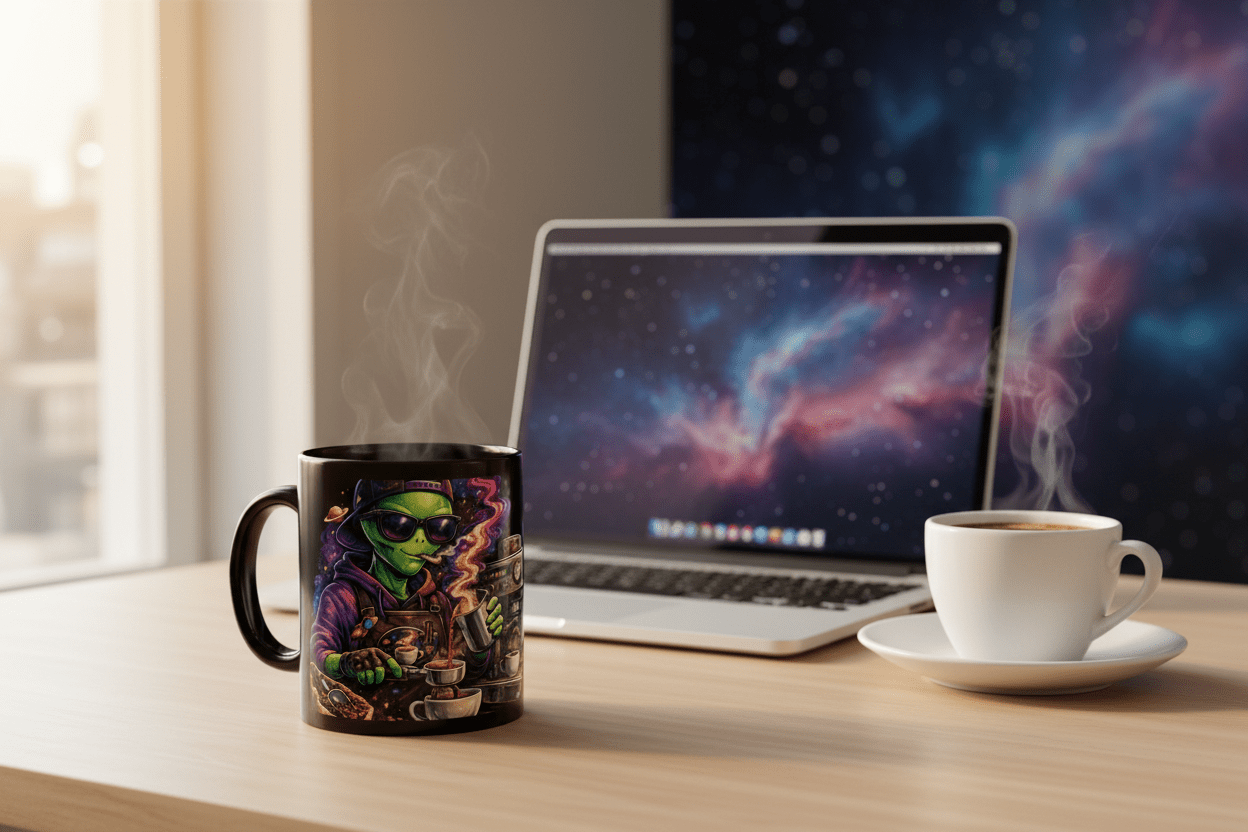 Alien Barista Mug — Desk Lifestyle