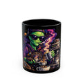 Alien Barista Coffee Mug — Cool Extraterrestrial Espresso Art on Black Ceramic (11oz/15oz) Printify
