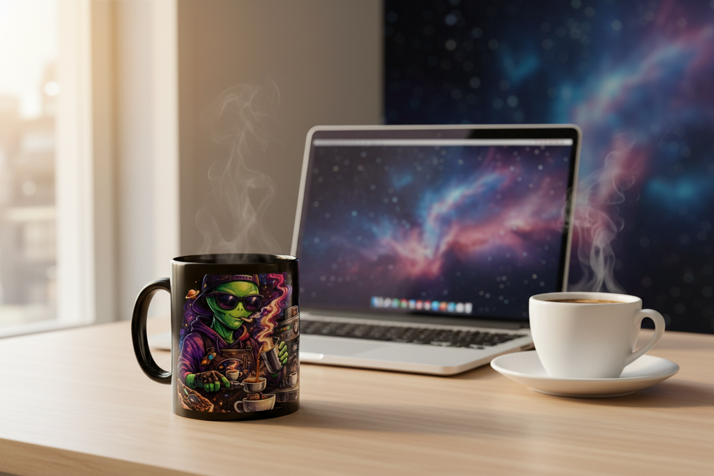 Alien Barista Mug — Desk Lifestyle