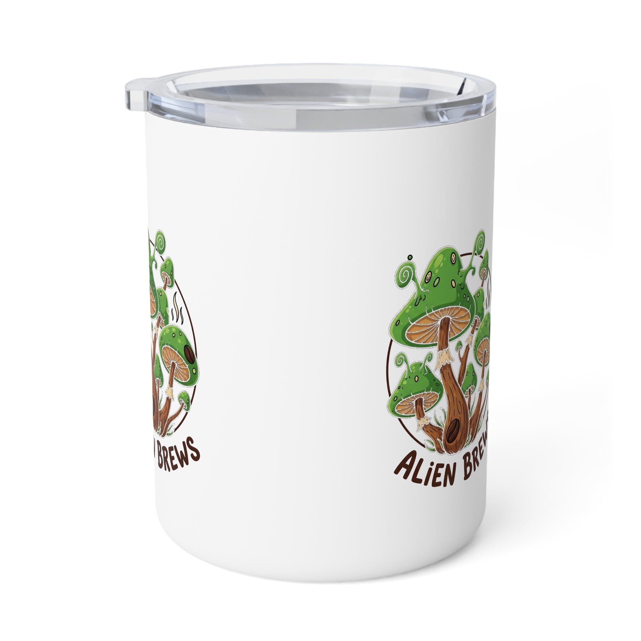 Alien Brews 10oz Insulated Coffee Mug — Cute Green Mushroom Travel Tumbler Printify