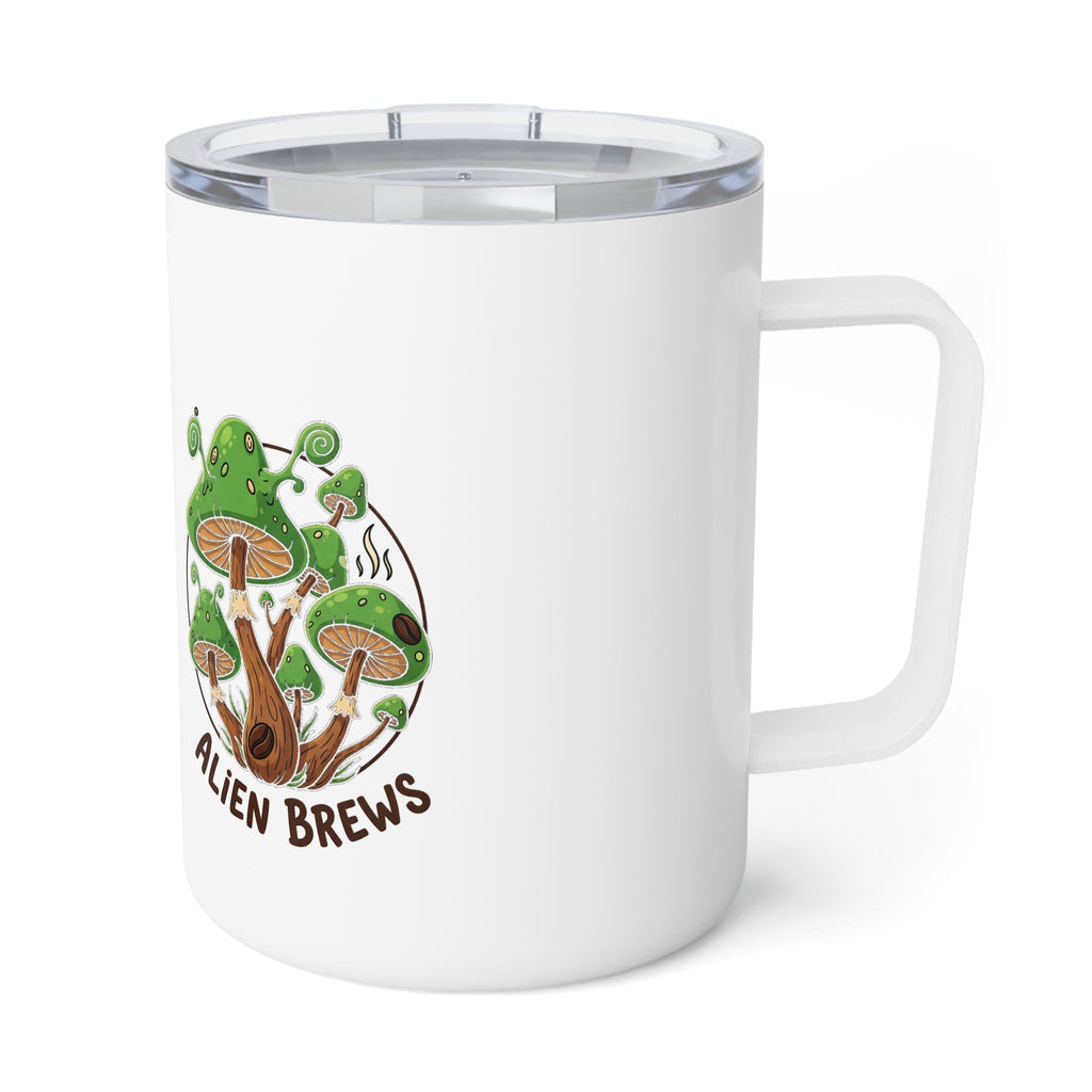 Alien Brews 10oz Insulated Coffee Mug — Cute Green Mushroom Travel Tumbler Printify