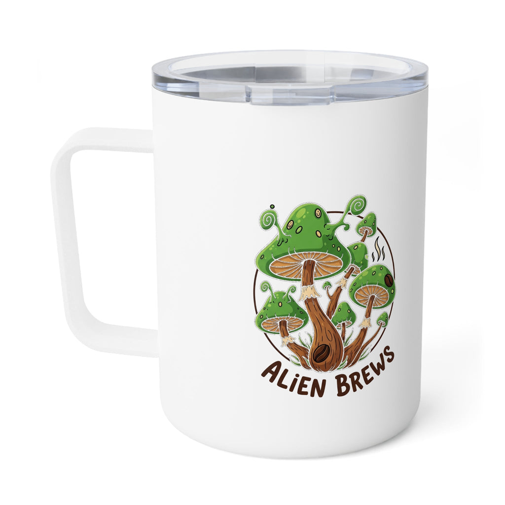Alien Brews 10oz Insulated Coffee Mug — Cute Green Mushroom Travel Tumbler Printify