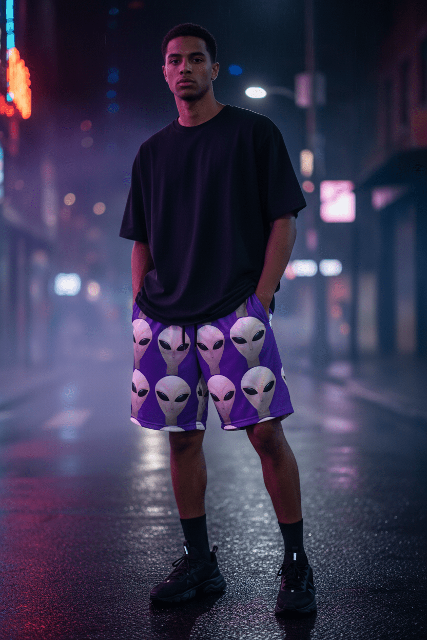 Alien Face Purple Shorts — Night Neon Lifestyle
