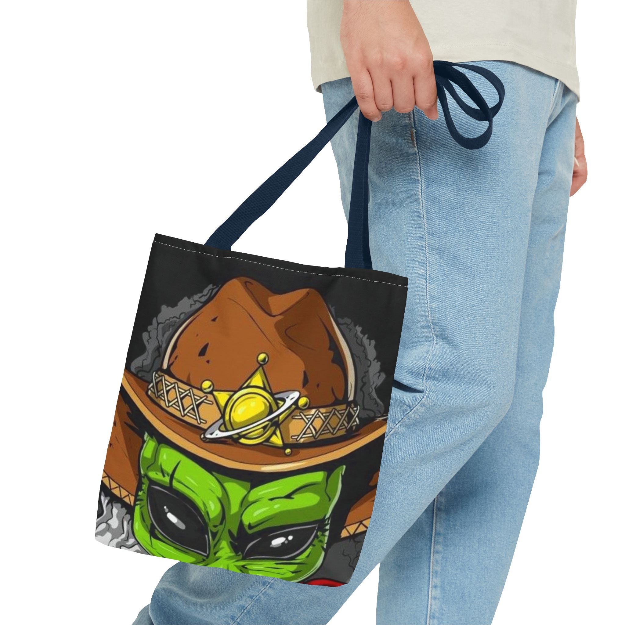 Alien Cowboy Tote Bag - Unique AOP Design for Cosmic Enthusiasts, Perfect for Festivals, Shopping, Beach Trips, and Gifts