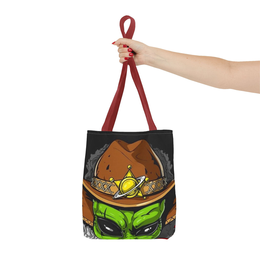 Alien Cowboy Tote Bag - Unique AOP Design for Cosmic Enthusiasts, Perfect for Festivals, Shopping, Beach Trips, and Gifts