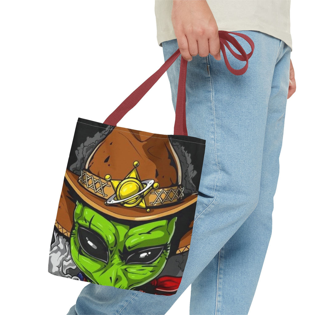 Alien Cowboy Tote Bag - Unique AOP Design for Cosmic Enthusiasts, Perfect for Festivals, Shopping, Beach Trips, and Gifts Printify