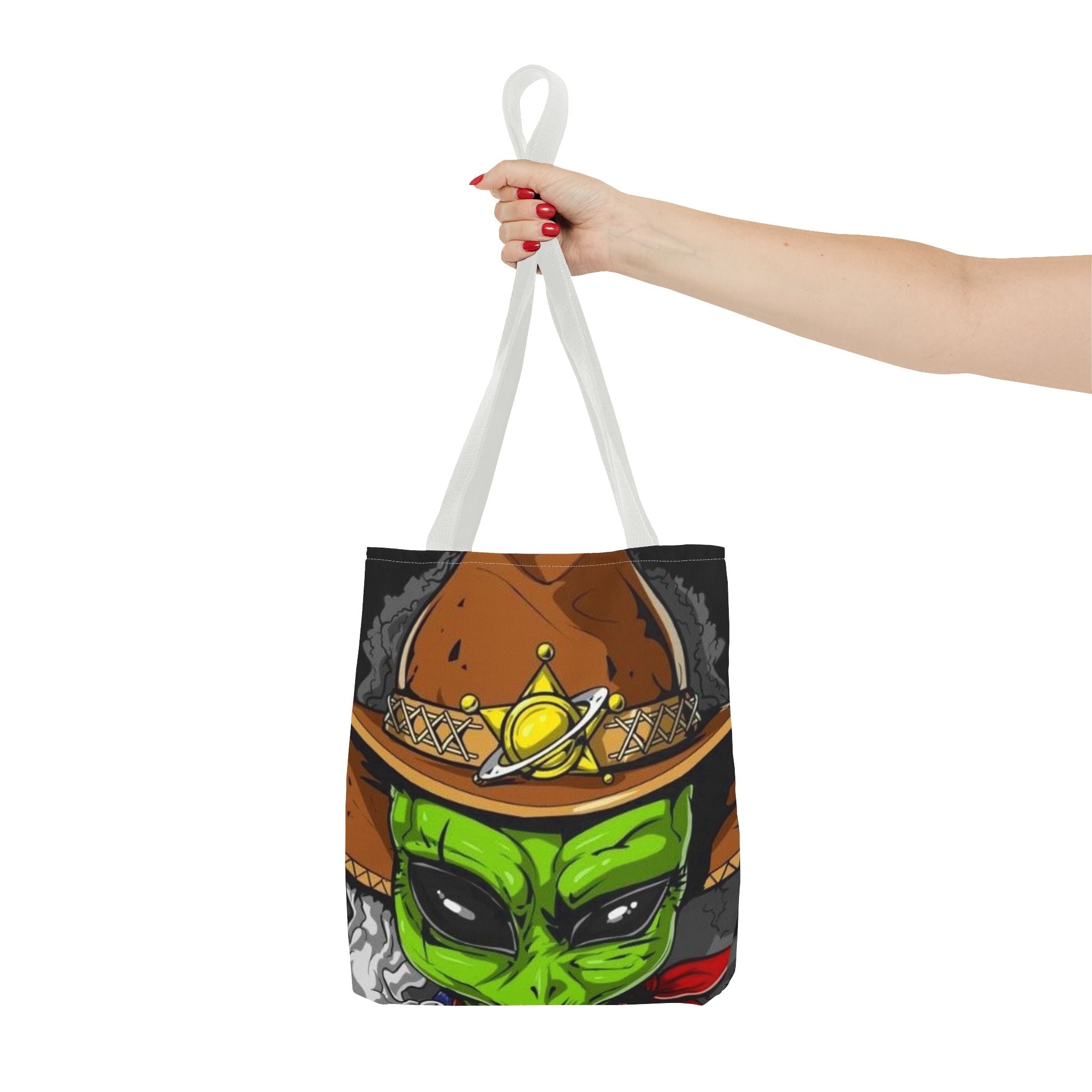 Alien Cowboy Tote Bag - Unique AOP Design for Cosmic Enthusiasts, Perfect for Festivals, Shopping, Beach Trips, and Gifts Printify