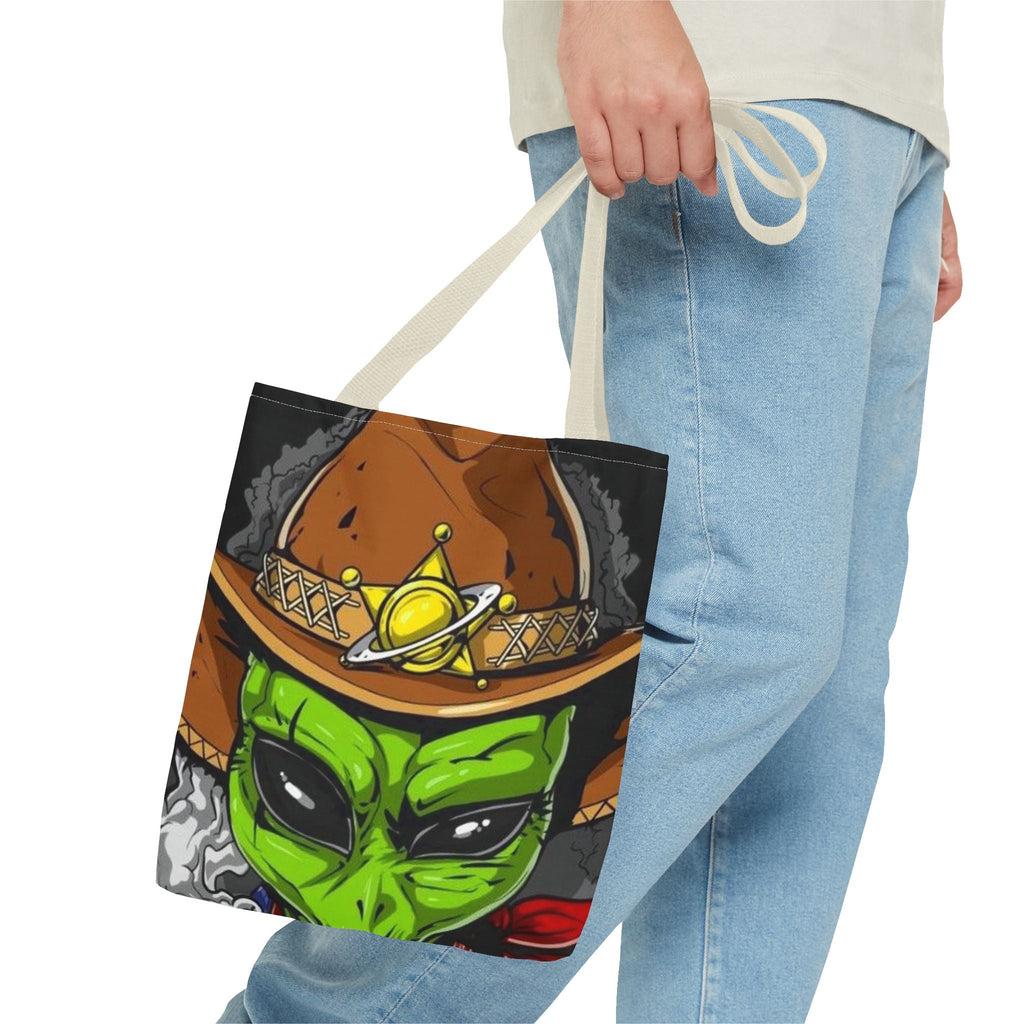 Alien Cowboy Tote Bag - Unique AOP Design for Cosmic Enthusiasts, Perfect for Festivals, Shopping, Beach Trips, and Gifts Printify