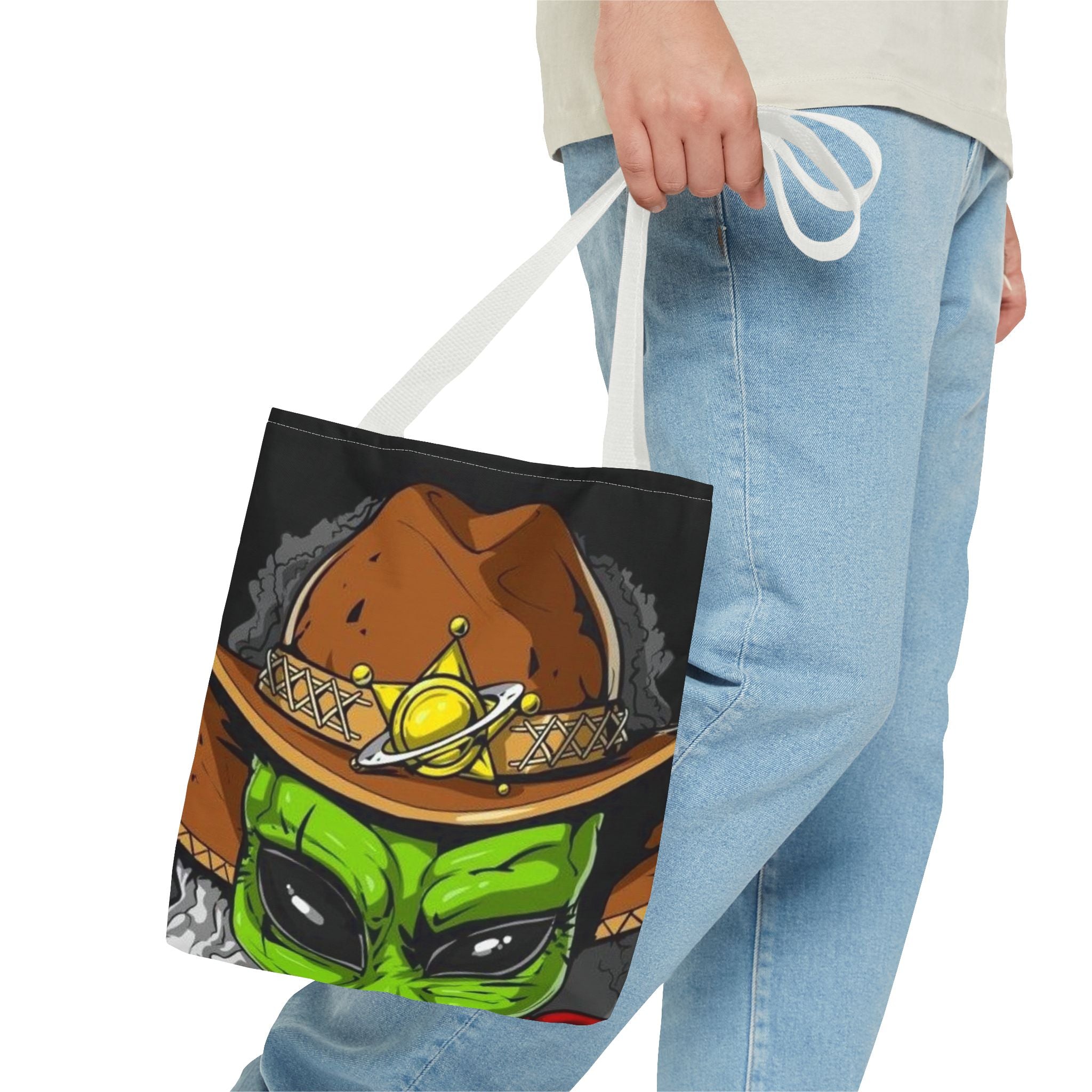 Alien Cowboy Tote Bag - Unique AOP Design for Cosmic Enthusiasts, Perfect for Festivals, Shopping, Beach Trips, and Gifts