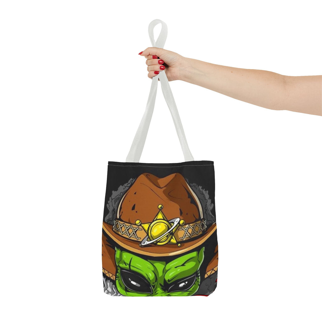 Alien Cowboy Tote Bag - Unique AOP Design for Cosmic Enthusiasts, Perfect for Festivals, Shopping, Beach Trips, and Gifts