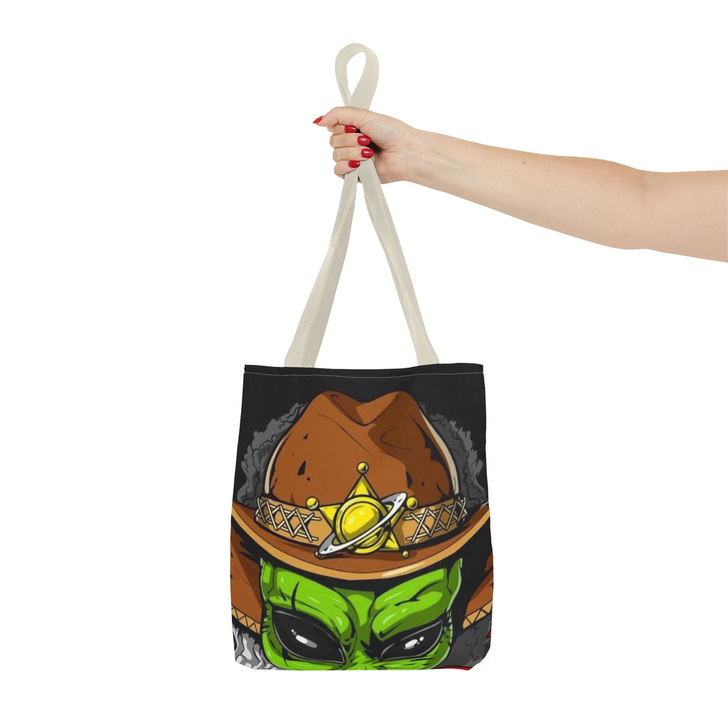 Alien Cowboy Tote Bag - Unique AOP Design for Cosmic Enthusiasts, Perfect for Festivals, Shopping, Beach Trips, and Gifts