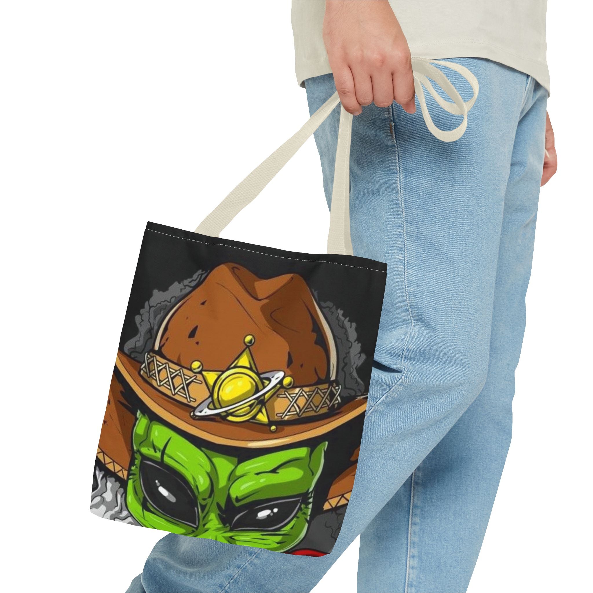 Alien Cowboy Tote Bag - Unique AOP Design for Cosmic Enthusiasts, Perfect for Festivals, Shopping, Beach Trips, and Gifts