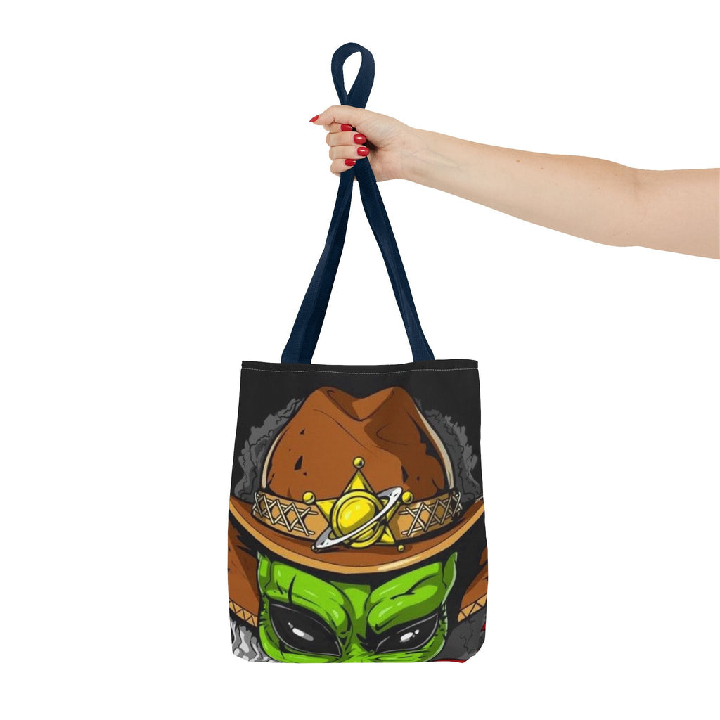 Alien Cowboy Tote Bag - Unique AOP Design for Cosmic Enthusiasts, Perfect for Festivals, Shopping, Beach Trips, and Gifts