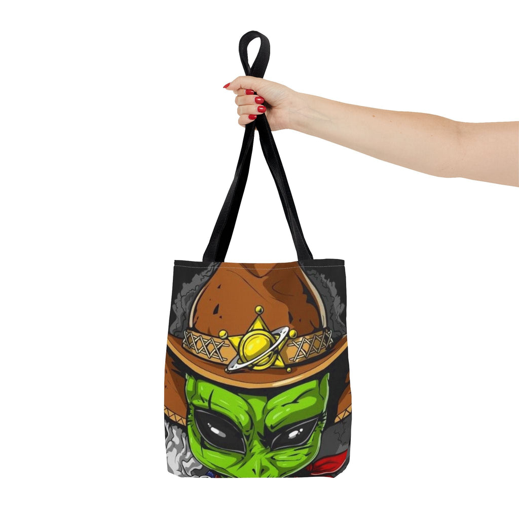 Alien Cowboy Tote Bag - Unique AOP Design for Cosmic Enthusiasts, Perfect for Festivals, Shopping, Beach Trips, and Gifts Printify