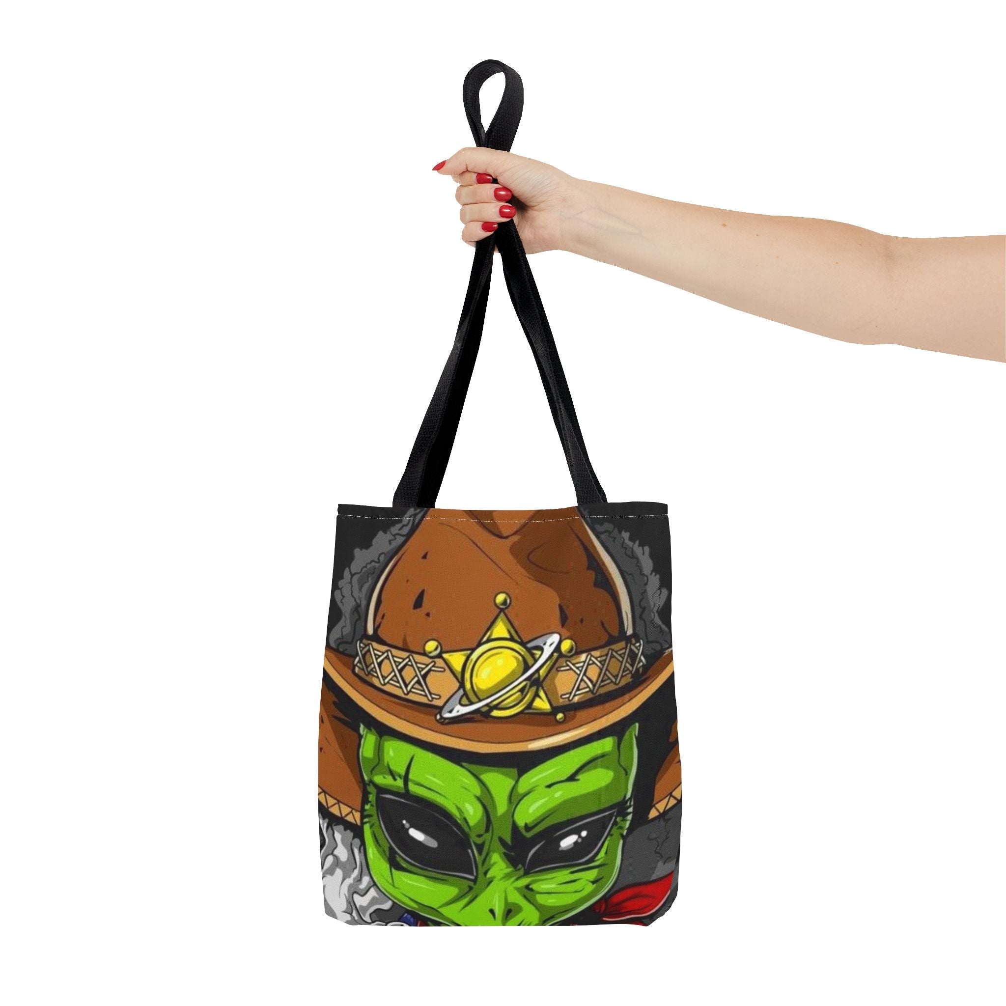 Alien Cowboy Tote Bag - Unique AOP Design for Cosmic Enthusiasts, Perfect for Festivals, Shopping, Beach Trips, and Gifts Printify
