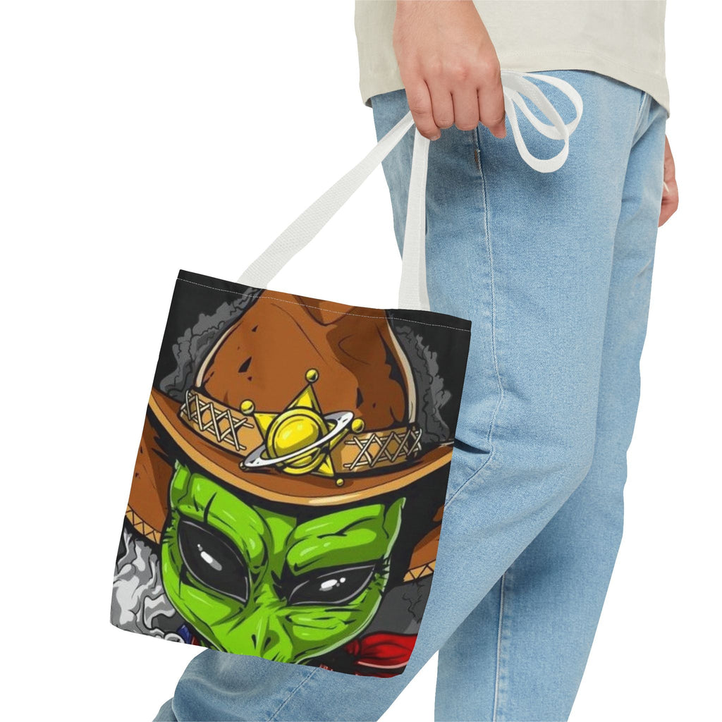 Alien Cowboy Tote Bag - Unique AOP Design for Cosmic Enthusiasts, Perfect for Festivals, Shopping, Beach Trips, and Gifts Printify