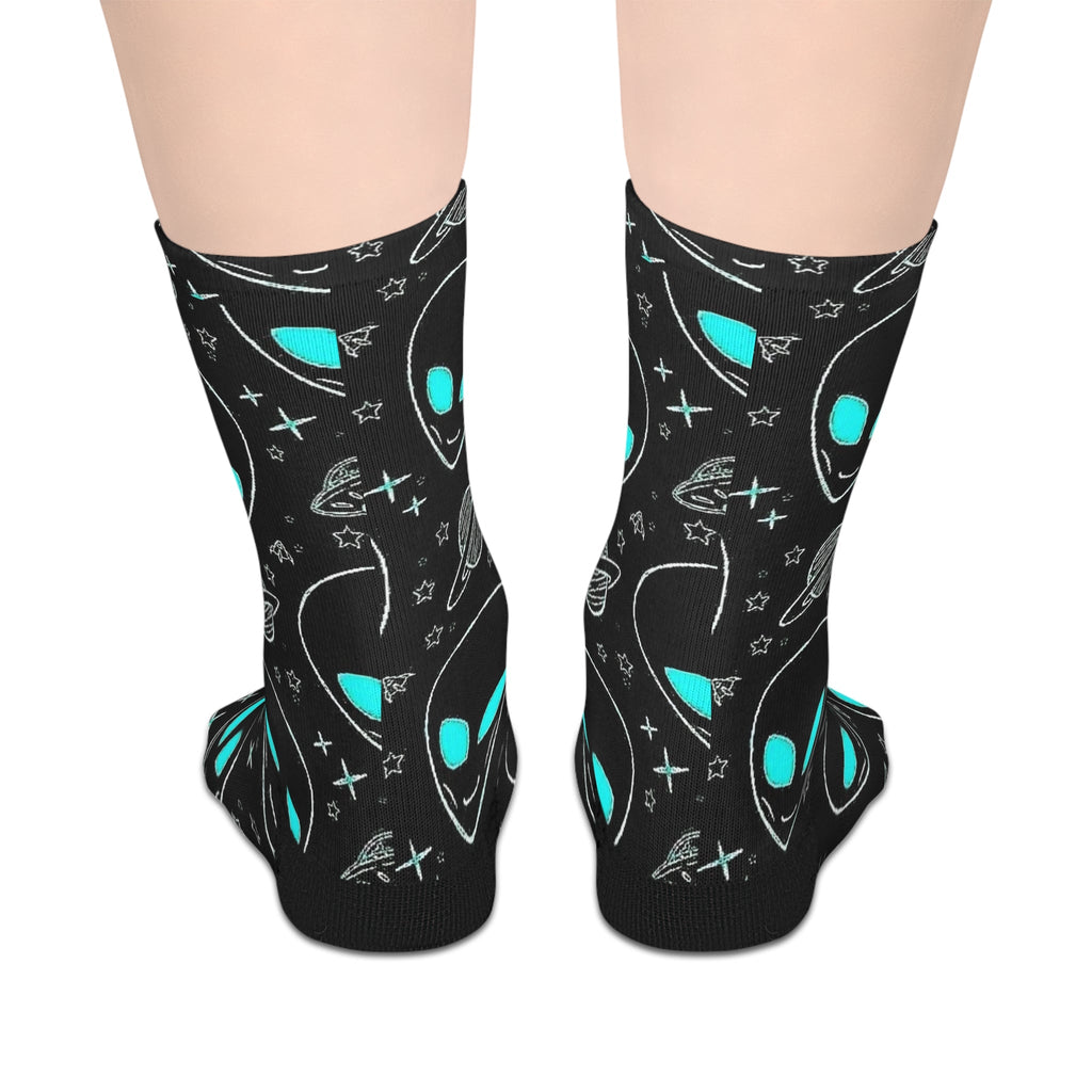 Alien Doodle Crew Socks - Neon Teal UFO Pattern Socks