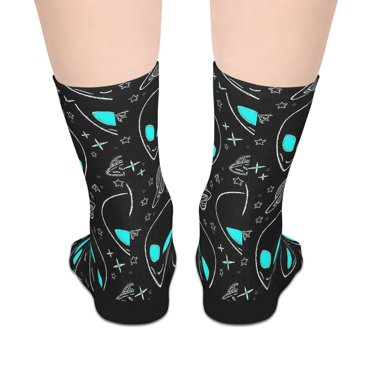 Alien Doodle Crew Socks - Neon Teal UFO Pattern Socks