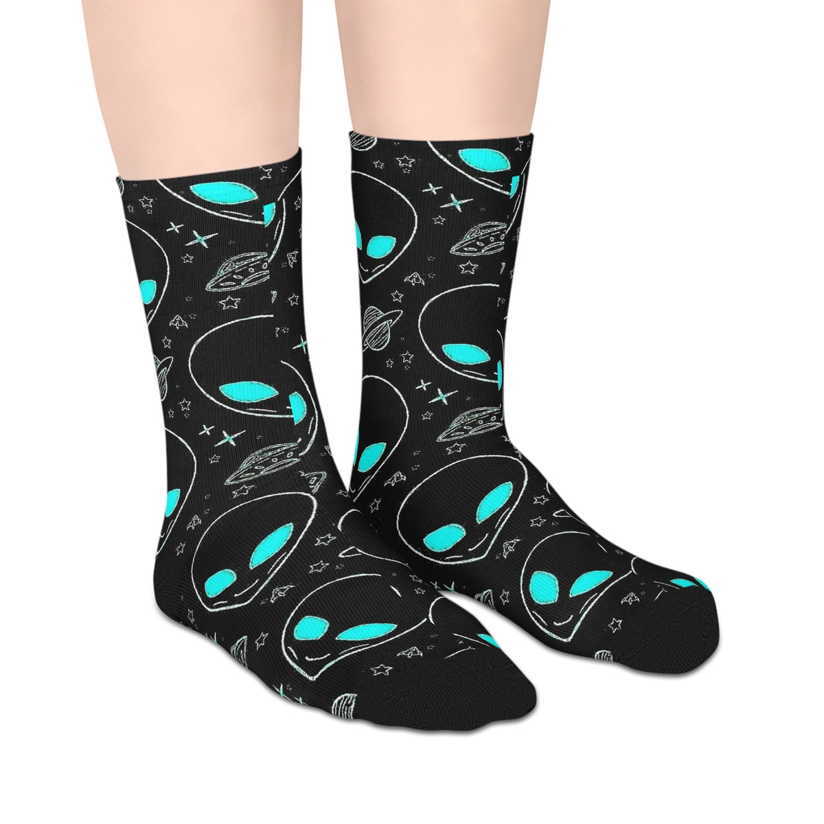 Alien Doodle Crew Socks - Neon Teal UFO Pattern Socks