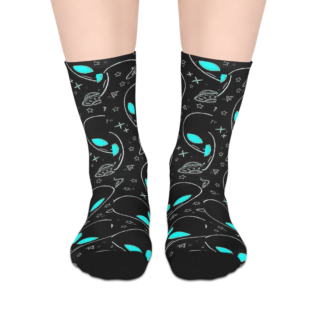 Alien Doodle Crew Socks - Neon Teal UFO Pattern Socks