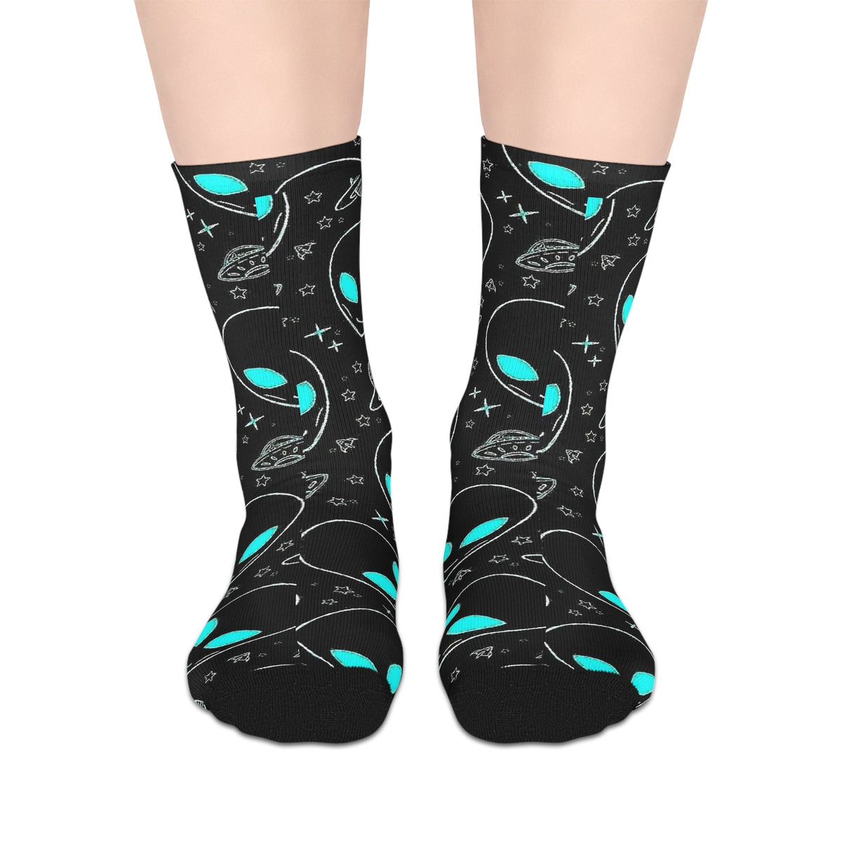Alien Doodle Crew Socks - Neon Teal UFO Pattern Socks