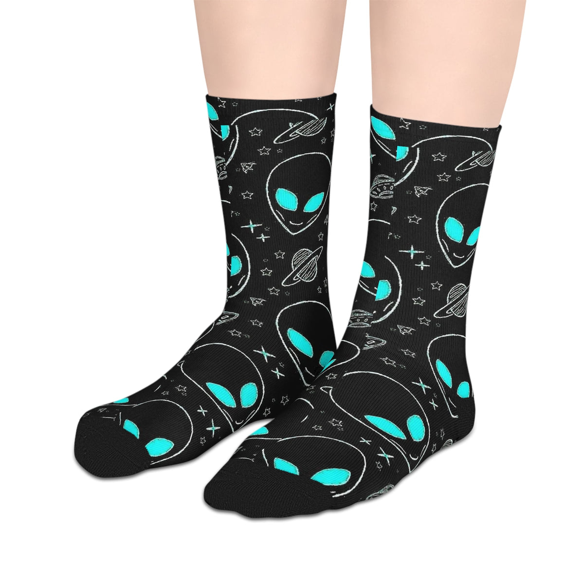 Alien Doodle Crew Socks - Neon Teal UFO Pattern Socks