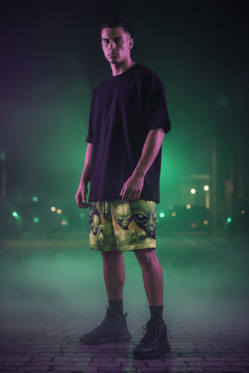 Green Alien Cinematic Shorts — Movie Scene Lifestyle