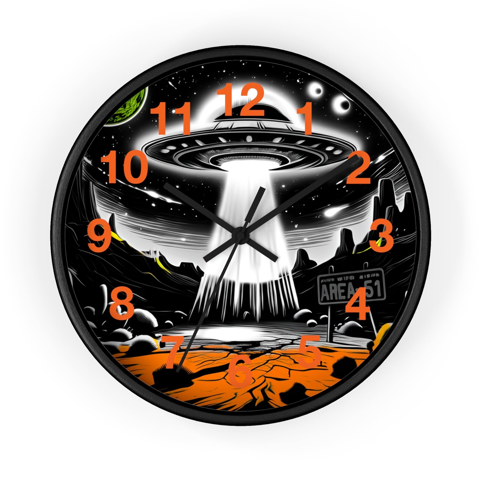 Alien Encounter Wall Clock, Unique Home Decor for Space Lovers, Retro Area 51 Theme, Perfect Gift for Sci-Fi Fans Printify